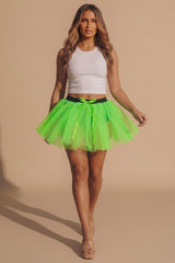 Neon Green Double Side Slit Tulle Mini Skirt - Fizzy