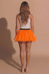 Neon Orange Sequin Embellished Layered Tulle Mini Skirt - Fozan