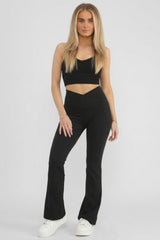 Black High Waisted Wide Band Flared Activewear Leggings-Mina