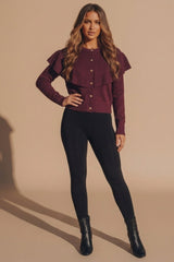 Wine Ribbed Knit Gold Button Front Cape Cardigan - Hlume