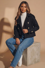 Black Double Breasted Cropped Coat With Side Pockets - Fico