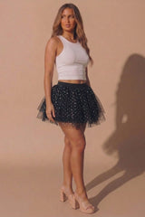 Black Sequin Embellished Layered Tulle Mini Skirt - Fozan