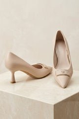 Beige Pointed Toe Gold Buckle Mid Heel - Kaina