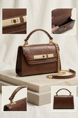 Chocolate Brown Textured Gold Detail Top Handle Bag  - Oaxi