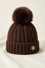 Brown Knitted Pom Pom Beanie Cap With Snowflake Detail - Moon