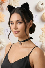 Black Halloween Bunny Rabbit Ears Headband And Bell Choker - Catherine