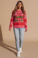 Pink Stripe Eat Drink Merry Christmas Knitted Jumper - Chiky
