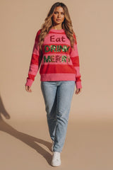 Pink Stripe Eat Drink Merry Christmas Knitted Jumper - Chiky
