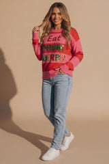 Pink Stripe Eat Drink Merry Christmas Knitted Jumper - Chiky