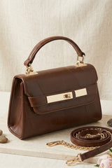Chocolate Brown Textured Gold Detail Top Handle Bag  - Oaxi