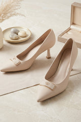 Beige Pointed Toe Gold Buckle Mid Heel - Kaina