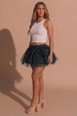 Black Sequin Embellished Layered Tulle Mini Skirt - Fozan