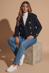 Black Double Breasted Cropped Coat With Side Pockets - Fico
