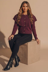 Wine Ribbed Knit Gold Button Front Cape Cardigan - Hlume