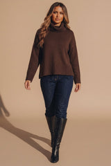 Chocolate Brown Ribbed Roll Neck Side Split Jumper - Humy