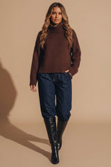 Chocolate Brown Ribbed Roll Neck Side Split Jumper - Humy