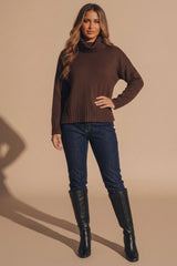 Chocolate Brown Ribbed Roll Neck Side Split Jumper - Humy