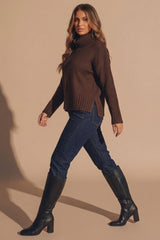 Chocolate Brown Ribbed Roll Neck Side Split Jumper - Humy