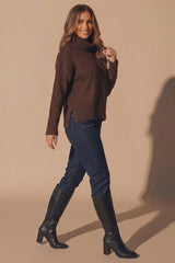 Chocolate Brown Ribbed Roll Neck Side Split Jumper - Humy