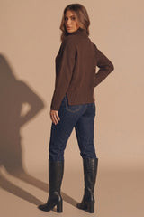 Chocolate Brown Ribbed Roll Neck Side Split Jumper - Humy
