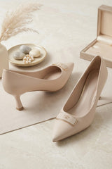 Beige Pointed Toe Gold Buckle Mid Heel - Kaina