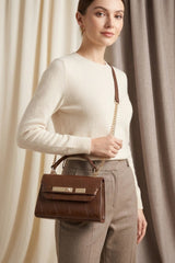 Chocolate Brown Textured Gold Detail Top Handle Bag  - Oaxi