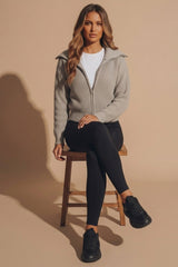 Stone Ribbed Knit Full Zip Cardigan - Mink