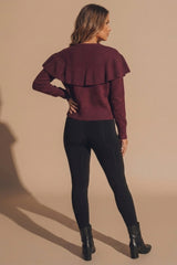 Wine Ribbed Knit Gold Button Front Cape Cardigan - Hlume