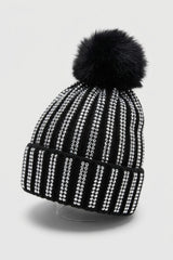 Black Diamante Stripe Knitted Beanie With Pom Pom Cap - Dianx