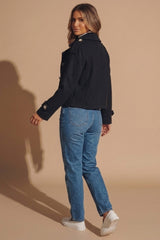 Black Double Breasted Cropped Coat With Side Pockets - Fico