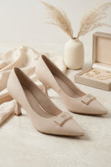 Beige Pointed Toe Gold Buckle Mid Heel - Kaina