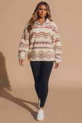 Cream Oversized Fair Isle Pattern Quarter Zip Fleece Sweatshirt - Zoran