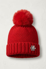 Red Knitted Pom Pom Beanie Cap With Snowflake Detail - Moon
