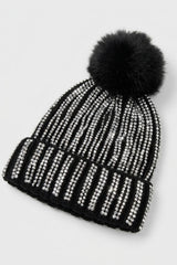 Black Diamante Stripe Knitted Beanie With Pom Pom Cap - Dianx