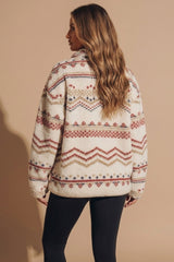 Cream Oversized Fair Isle Pattern Quarter Zip Fleece Sweatshirt - Zoran