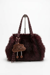 Wine Faux Fur With Braided Handles & Bear Charm Bag - Chaio