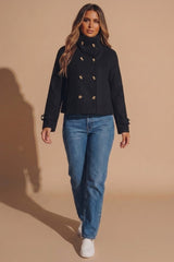 Black Double Breasted Cropped Coat With Side Pockets - Fico