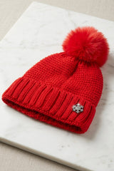 Red Knitted Pom Pom Beanie Cap With Snowflake Detail - Moon