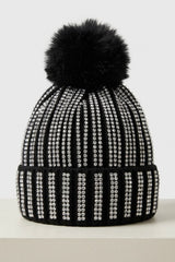 Black Diamante Stripe Knitted Beanie With Pom Pom Cap - Dianx