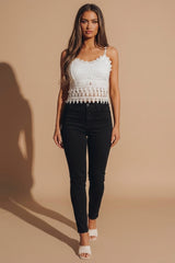 White Embroidered Strappy Cropped Length Mesh Insert Top - Emilia