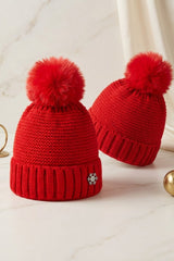 Red Knitted Pom Pom Beanie Cap With Snowflake Detail - Moon