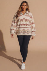 Cream Oversized Fair Isle Pattern Quarter Zip Fleece Sweatshirt - Zoran
