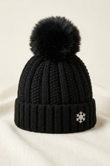 Black Knitted Pom Pom Beanie Cap With Snowflake Detail - Moon