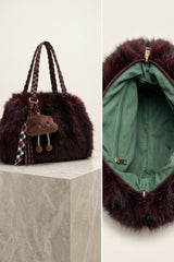 Wine Faux Fur With Braided Handles & Bear Charm Bag - Chaio