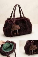 Wine Faux Fur With Braided Handles & Bear Charm Bag - Chaio