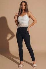 White Embroidered Strappy Cropped Length Mesh Insert Top - Emilia