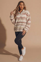 Cream Oversized Fair Isle Pattern Quarter Zip Fleece Sweatshirt - Zoran