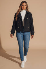 Black Double Breasted Cropped Coat With Side Pockets - Fico