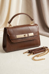 Chocolate Brown Textured Gold Detail Top Handle Bag  - Oaxi