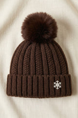Brown Knitted Pom Pom Beanie Cap With Snowflake Detail - Moon
